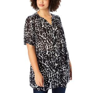 Roaman's Angelina Tunic Notch V-Neck Short Sleeve Blouse Black/White 18W